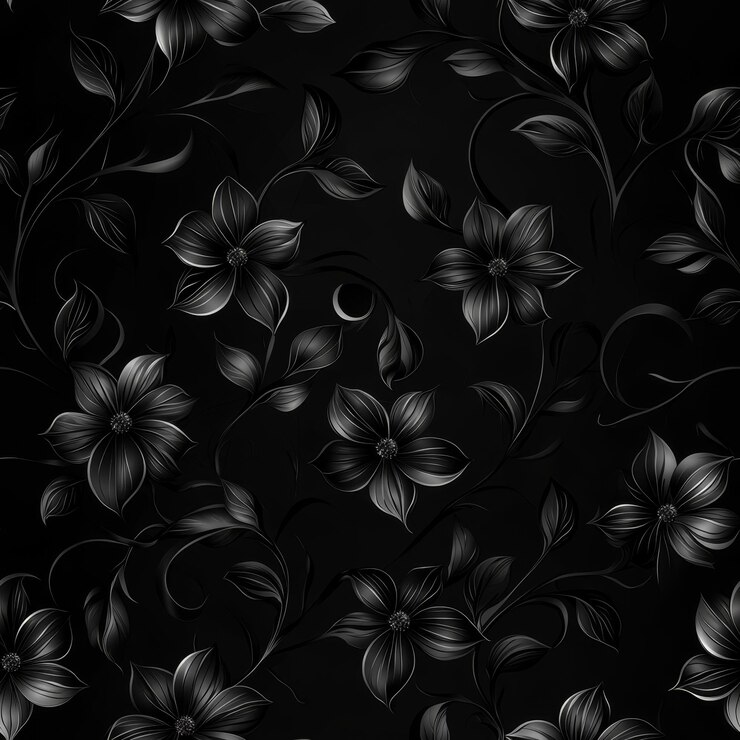 Elegante padrão floral preto com desenhos intrincados em um fundo escuro