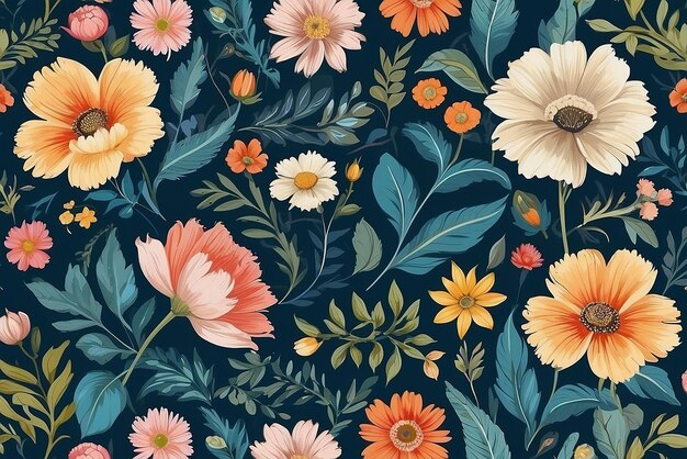 Elegante padrão floral sem costura Flores amarelas e azuis em fundo branco Ilustração vetorial Pode ser usada como desenho de tecido papel de embrulho fundo da web