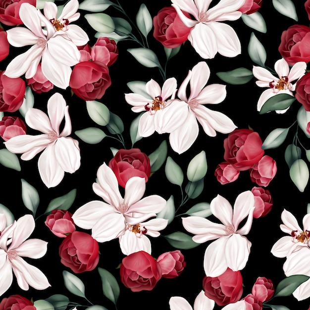 Elegante padrão sem costura com rosas peônias e folhas de eucalipto