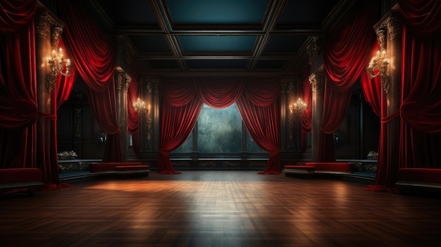 Elegante palco de teatro com ricas cortinas de veludo vermelho