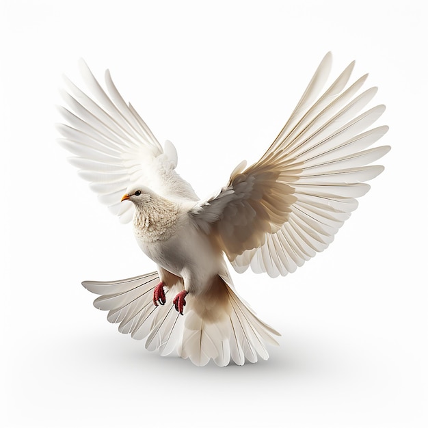 Foto elegante paloma blanca en vuelo aislada sobre fondo blanco