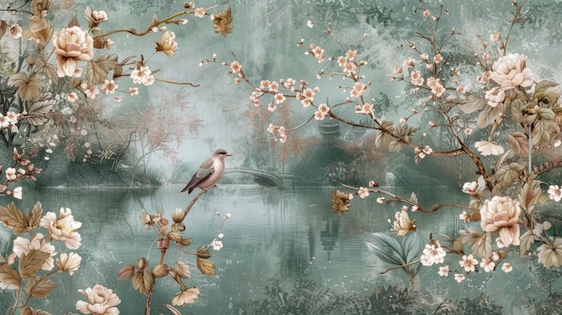 Elegante papel de parede de chinoiserie com motivos intrincados de árvores de primavera em flor e pássaros contra um lago