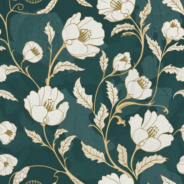 Elegante papel tapiz floral con amapolas blancas y acentos dorados