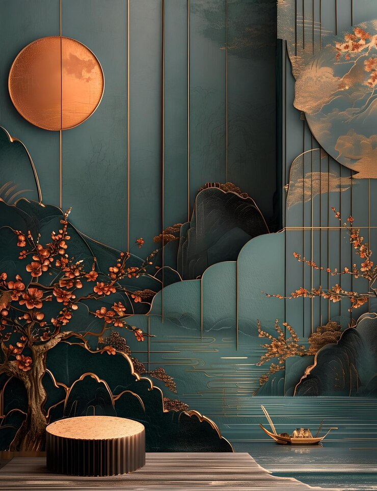 Elegante papel tapiz de paisaje chino con luna y caligrafía perfecto para decoración del hogar o producto