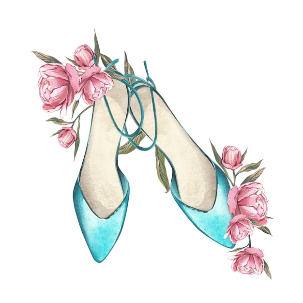 Foto elegante par de sapatos de hortelã flores de peônia isoladas em fundo branco aquarela desenhada à mão ilustra