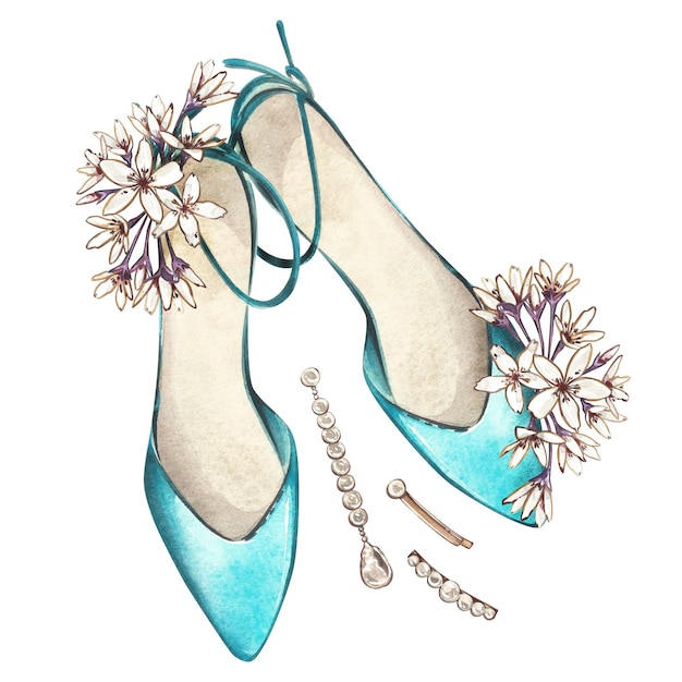 Elegante par de zapatos de menta flores joyas de perlas aislado en blanco acuarela dibujar a mano ilustración