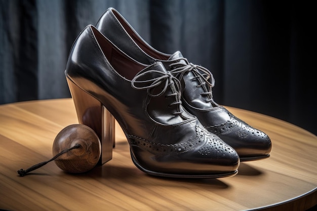 Elegante par de zapatos sobre un elegante pedestal de madera creado con ai generativo