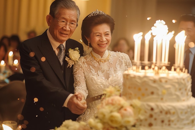 Una elegante pareja de ancianos celebra su aniversario con un hermoso pastel a la luz de las velas en un entorno lujoso.