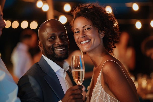 Una elegante pareja brindando con champán en una fiesta con IA generada