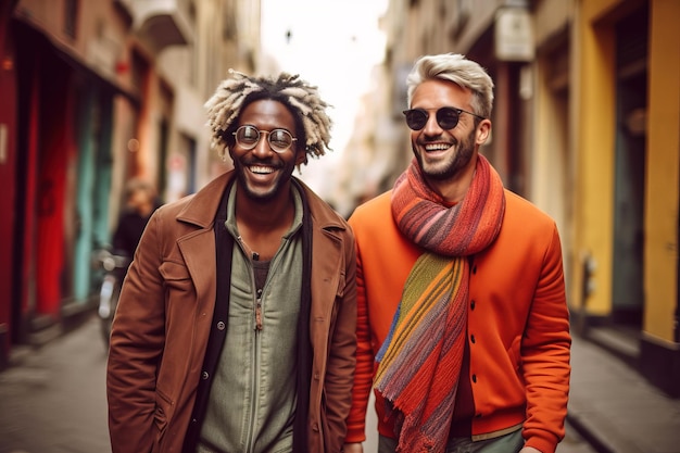 Elegante pareja gay de hombre afrodescendiente y hombre rubio caminando por la calle sonriendo alegremente en el Día del Orgullo Gay el 28 de junio LGBTQ Plano medio