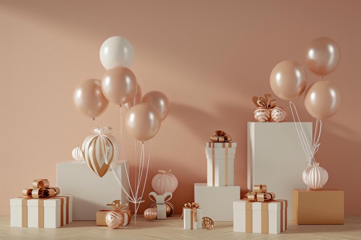 Elegante Partydekoration mit Ballons, Geschenken und geometrischen Formen in Pastellfarben