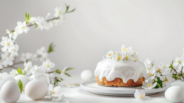 Elegante pastel blanco helado en un plato con flores de primavera en una serena configuración de naturaleza muerta perfecta para celebraciones o temas estacionales AI