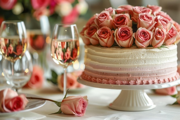 Elegante pastel decorado con rosas en exhibición con copas de champán y flores para bodas o