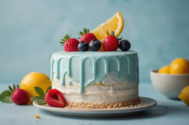 Foto elegante pastel de esponja con fruta en la exhibición