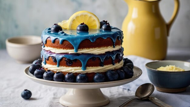 Elegante pastel de frambuesa y limón con fruta fresca en el soporte del pastel