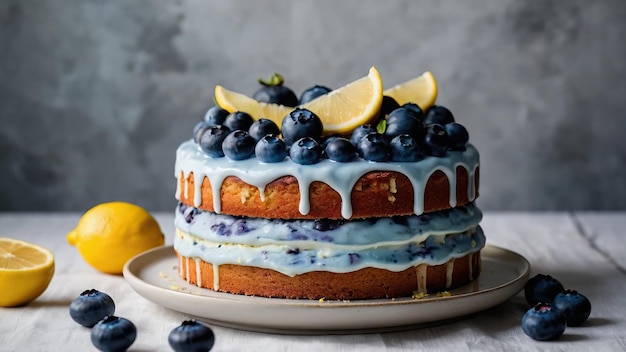 Elegante pastel de frambuesa y limón con fruta fresca en el soporte del pastel