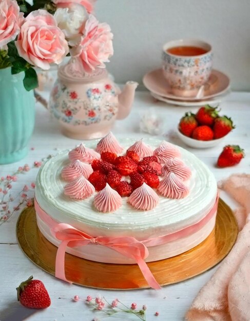 Foto elegante pastel de fresa decorado con crema batida en una tabla de madera a la luz del día