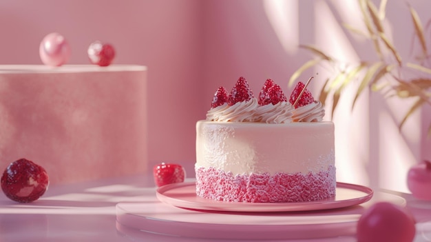 Elegante pastel de fresa sobre un fondo rosado