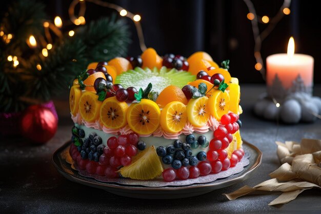 Elegante pastel de frutas con colorido relleno de mazapán y adornos ligeros creados con IA generativa