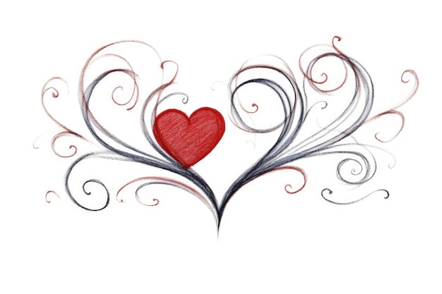 Elegante patrón caligráfico de corazones rojos giratorios y líneas rizadas sobre un fondo blanco