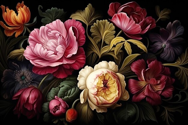 Elegante patrón floral flores coloridas en fondo oscuro tarjeta de arte para el día de San Valentín