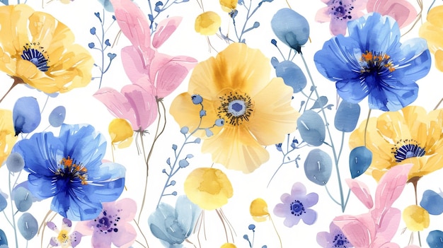 Un elegante patrón floral moderno con delicadas flores amarillas, azules y rosas perfectas para tarjetas de felicitación