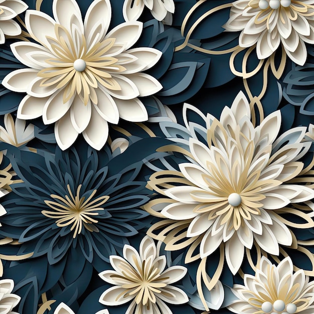 Elegante patrón floral sobre fondo azul marino con flores doradas y plateadas