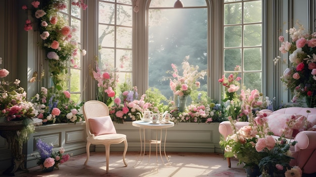 La elegante pausa de té inglesa en la casa de vidrio está completamente llena de flores pastel