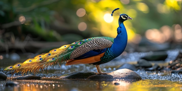 Elegante pavo real de pie junto al agua en medio de la naturaleza del bosque belleza capturada en colores vibrantes y luz del día perfecto para el diseño y los temas de la naturaleza IA