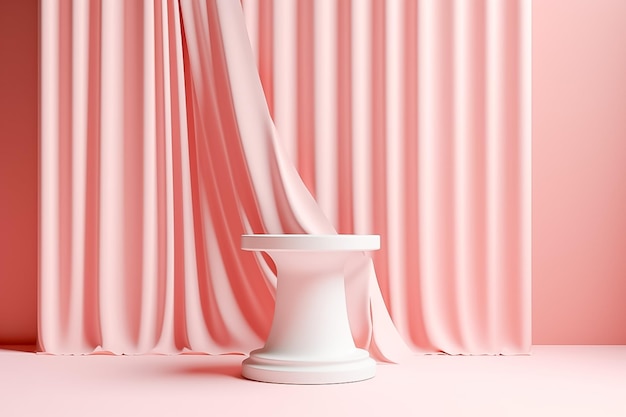 Elegante pedestal blanco para aislar la exhibición del producto Fondo de cortina rosa abstracto generado por IA