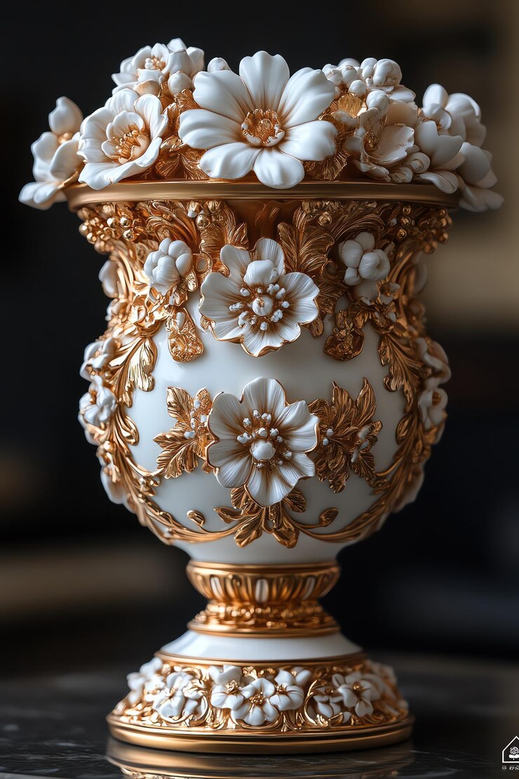 Elegante pedestal dourado e branco com sotaques florais perfeito para mostrar itens de luxo