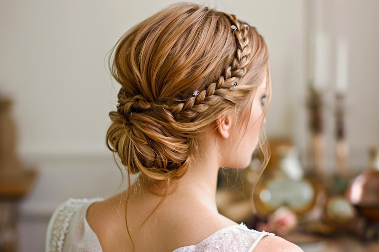 Foto elegante peinado updo con trenzas para ocasiones especiales novia39s vista trasera con peinado detallado en una habitación brillante