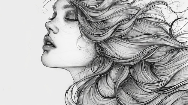 El elegante perfil de una mujer joven con el cabello fluido en un boceto monocromático