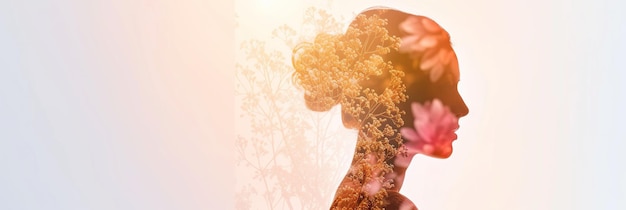 Foto el elegante perfil de una silueta femenina adornado con elementos florales en diferentes tonos de colores claros serenidad y una conexión con la naturaleza concepto de bandera del día internacional de la mujer