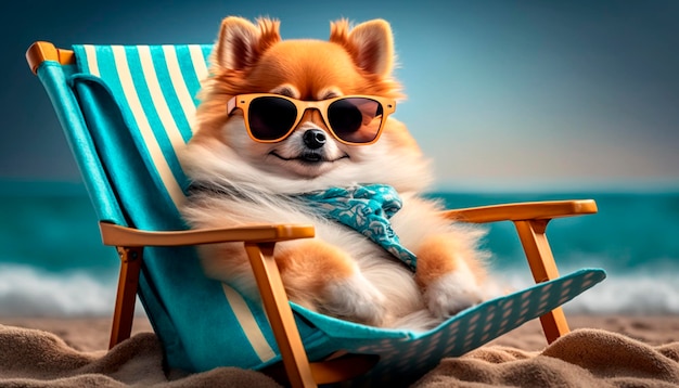 Elegante perro Pomerania descansando en una silla de playa con gafas de sol