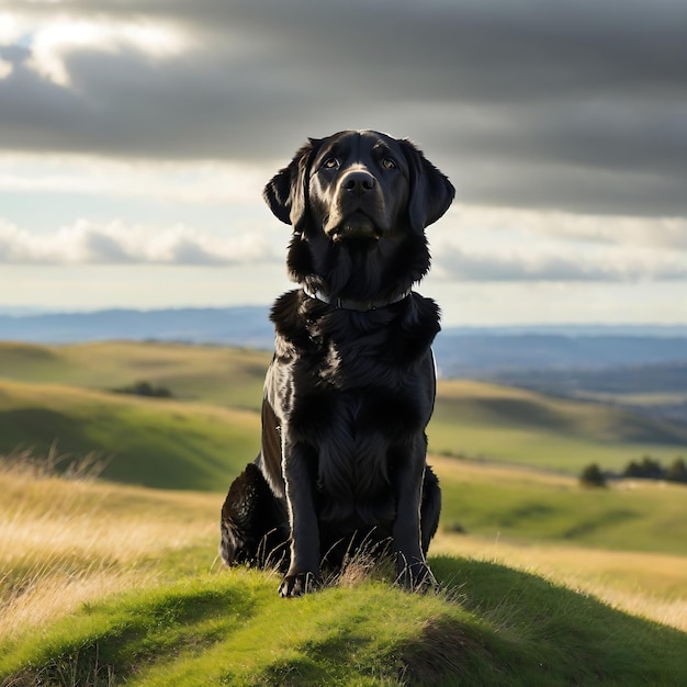 Un elegante perro retriever negro con un pelaje brillante de pie en la cima de una colina cubierta de hierba Ai Generado