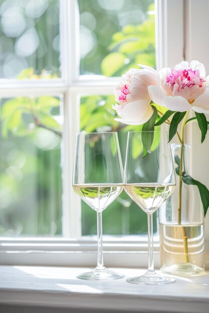 Foto elegante pfeunen und funkelnde weingläser an einer sonnigen fensterbank