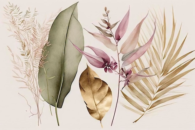 Elegante pintura em aquarela de folhas de eucalipto e grama de pampas em tons de bege sálvia e ouro