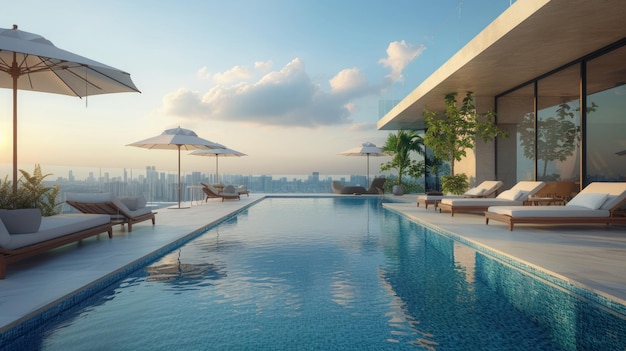 Una elegante piscina en la azotea con sillas y sombrillas que ofrecen vistas panorámicas del horizonte de la ciudad