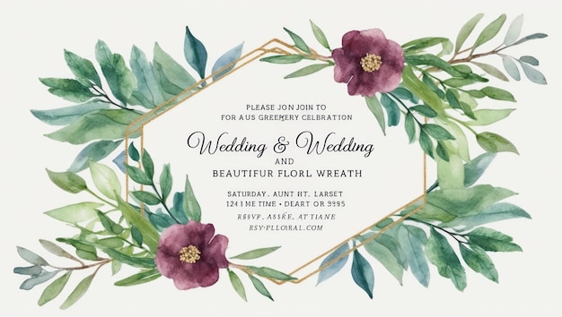 Elegante plantilla de invitación de boda con diseño de acuarela floral pintado a mano