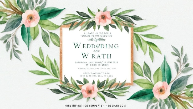 Elegante plantilla de invitación de boda con diseño de acuarela floral pintado a mano