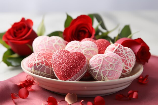 Elegante plato blanco con deliciosos chocolates en forma de corazón y rosas rojas en valentines de mesa de madera