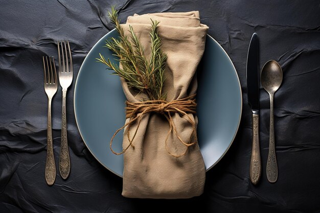 Elegante plato de mesa, servilleta de lino, ramita de romero y platos de plata antiguos sobre un fondo oscuro