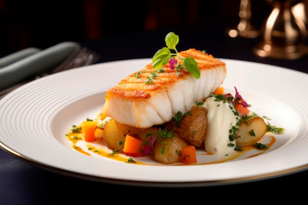 elegante plato de pescado con verduras