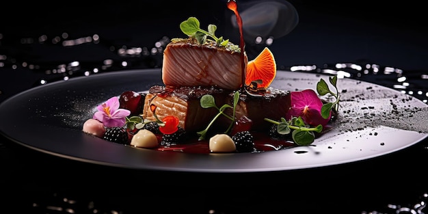 Elegante plato de platos caro negro oscuro cena gourmet chef