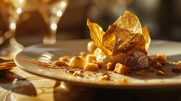 Un elegante plato de postre con guarnición de hojas de oro servido en un ambiente de cena elegante con iluminación cálida