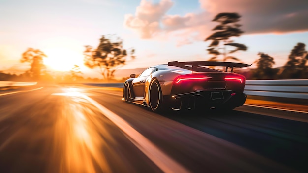 Foto un elegante y poderoso coche deportivo avanza por una carretera sinuosa el sol se está poniendo proyectando un resplandor dorado sobre la escena