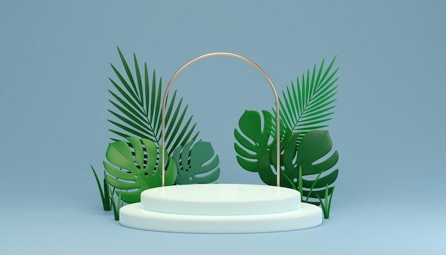 Elegante podio 3D con follaje tropical