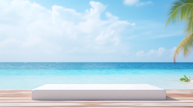 Elegante podio blanco de presentación de productos en un telón de fondo de playa ideal para exhibir productos de lujo