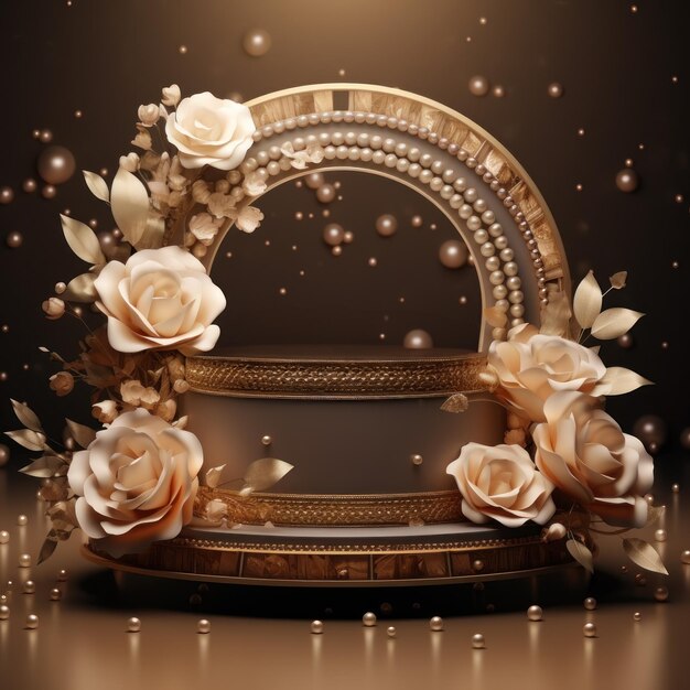 Elegante podio de lujo con hojas de rosas doradas y elementos de perlas decorativos para la ceremonia de boda